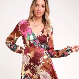 Lulus Put on a Smile Burgundy Floral Print Satin Wrap Maxi Dress